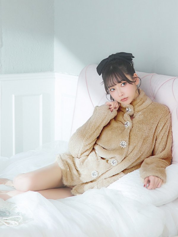 画像4: 【SALE】【ルームウェア】もこもこ/ パールボタン/ ハイネック/ 長袖/ ポケット付き/ パンツ/ セットアップ/ ルームウエア[HC02] (4)