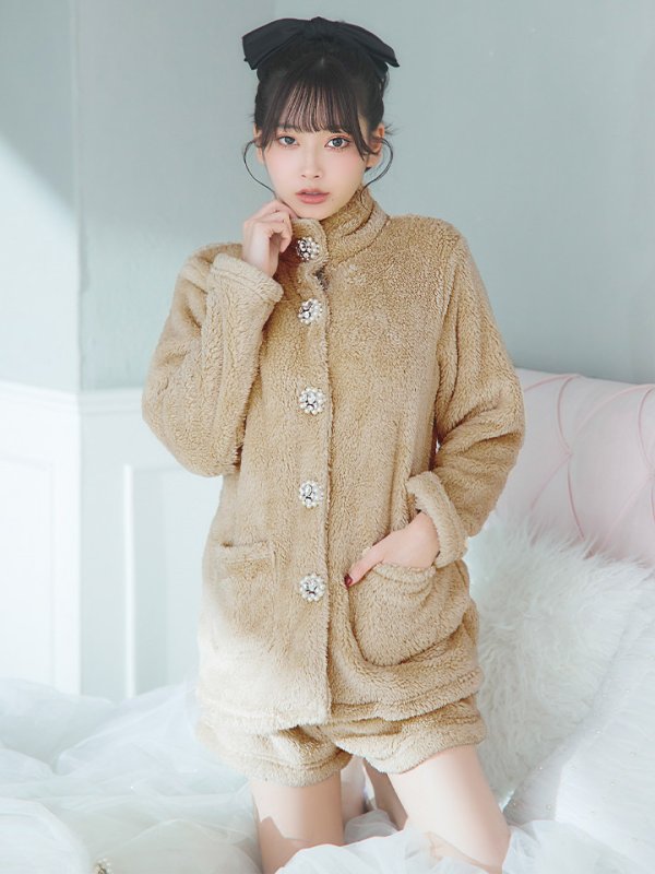 画像5: 【SALE】【ルームウェア】もこもこ/ パールボタン/ ハイネック/ 長袖/ ポケット付き/ パンツ/ セットアップ/ ルームウエア[HC02] (5)