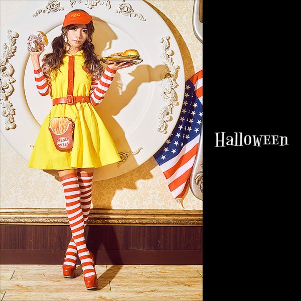 画像2: 【SALE!!】【即日発送】ハンバーガーショップガール/ウェイトレスコスプレ/フレアスカート/ロングスリーブ/Aライン【ハロウィン3点セット】【S-XLサイズ/1カラー】(B017SB/STEE07R)[HC02] (2)