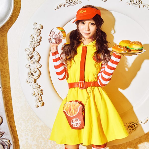 画像3: 【SALE!!】【即日発送】ハンバーガーショップガール/ウェイトレスコスプレ/フレアスカート/ロングスリーブ/Aライン【ハロウィン3点セット】【S-XLサイズ/1カラー】(B017SB/STEE07R)[HC02] (3)