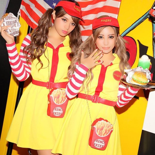 画像2: 【SALE!!】【即日発送】ハンバーガーショップガール/ウェイトレスコスプレ/フレアスカート/ロングスリーブ/Aライン【ハロウィン3点セット】【S-XLサイズ/1カラー】(B017SB/STEE07R)[HC03] (2)