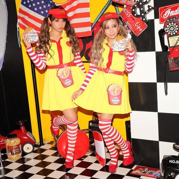 画像7: 【SALE!!】【即日発送】ハンバーガーショップガール/ウェイトレスコスプレ/フレアスカート/ロングスリーブ/Aライン【ハロウィン3点セット】【S-XLサイズ/1カラー】(B017SB/STEE07R)[HC03] (7)