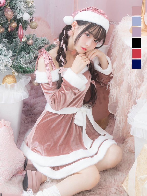 画像4: 【一部予約 / 11月中旬発送予定】【サンタコス 4点セット】【XS-XLサイズ/8カラー】グリッターリボン2段フレアサンタコスプレ[YMT] (4)