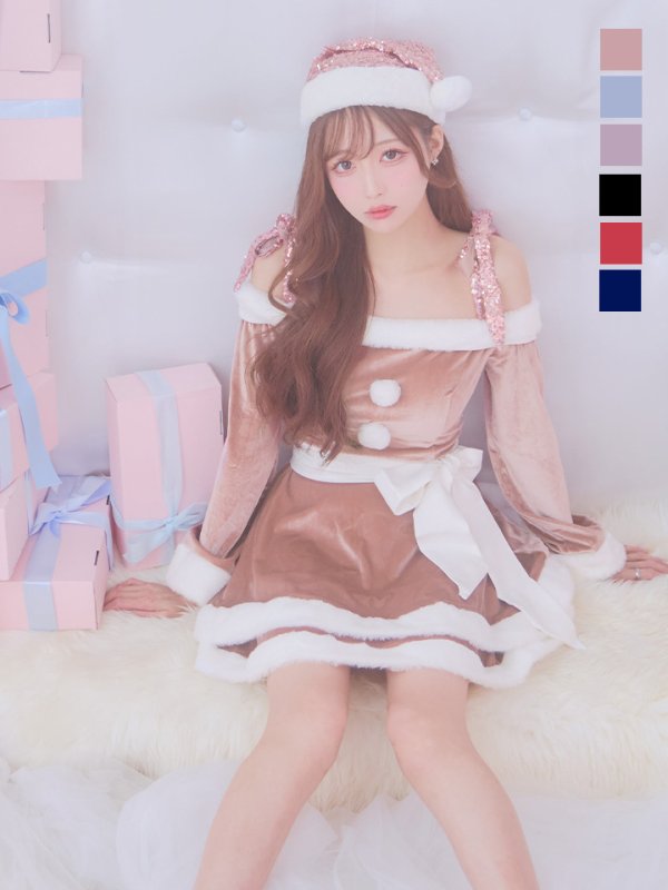 画像6: 【一部予約 / 11月中旬発送予定】【サンタコス 4点セット】【XS-XLサイズ/8カラー】グリッターリボン2段フレアサンタコスプレ[YMT] (6)