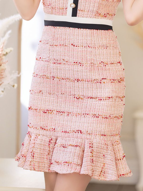 画像7: SALE!ツイードマーメイドスカートドレス/ボーダー柄/谷間隠し/背中隠し/ノースリーブ/フリル袖/ミニドレス/キャバドレス 【S-Lサイズ/1カラー】[HC02-X] 【SB】dzw (7)