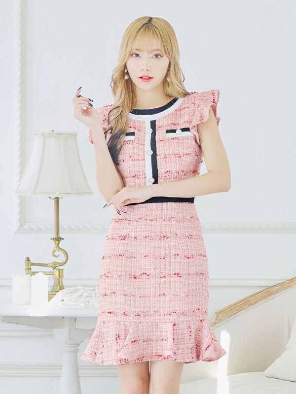 画像4: SALE!ツイードマーメイドスカートドレス/ボーダー柄/谷間隠し/背中隠し/ノースリーブ/フリル袖/ミニドレス/キャバドレス 【S-Lサイズ/1カラー】[HC02-X] 【SB】dzw (4)