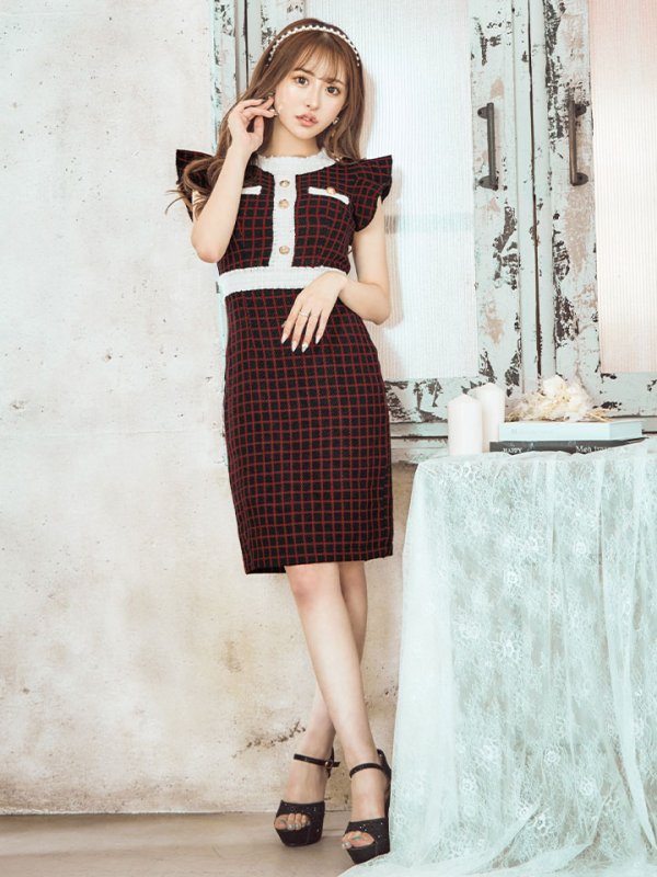 画像17: SALE!フリルショルダーチェックタイトドレス/チェック柄/肩フリル/胸元隠し/背中隠し/ミディアムドレス/キャバドレス【XS-Lサイズ/1カラー】[HC02-X] 【SB】dzw (17)