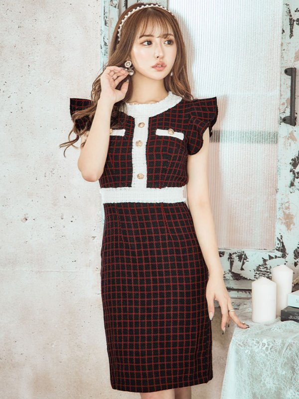 画像18: SALE!フリルショルダーチェックタイトドレス/チェック柄/肩フリル/胸元隠し/背中隠し/ミディアムドレス/キャバドレス【XS-Lサイズ/1カラー】[HC02-X] 【SB】dzw (18)