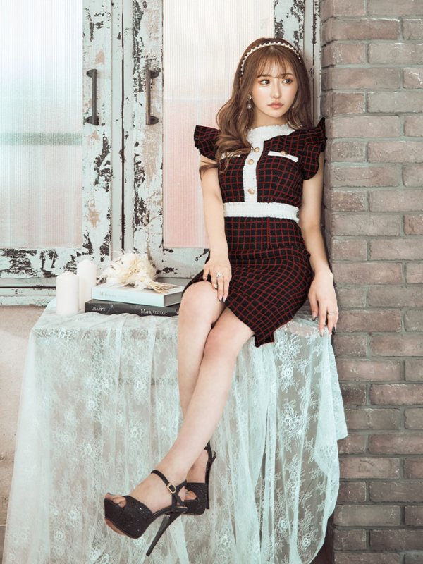 画像21: SALE!フリルショルダーチェックタイトドレス/チェック柄/肩フリル/胸元隠し/背中隠し/ミディアムドレス/キャバドレス【XS-Lサイズ/1カラー】[HC02-X] 【SB】dzw (21)