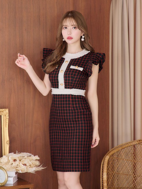 画像13: SALE!フリルショルダーチェックタイトドレス/チェック柄/肩フリル/胸元隠し/背中隠し/ミディアムドレス/キャバドレス【XS-Lサイズ/1カラー】[HC02-X] 【SB】dzw (13)
