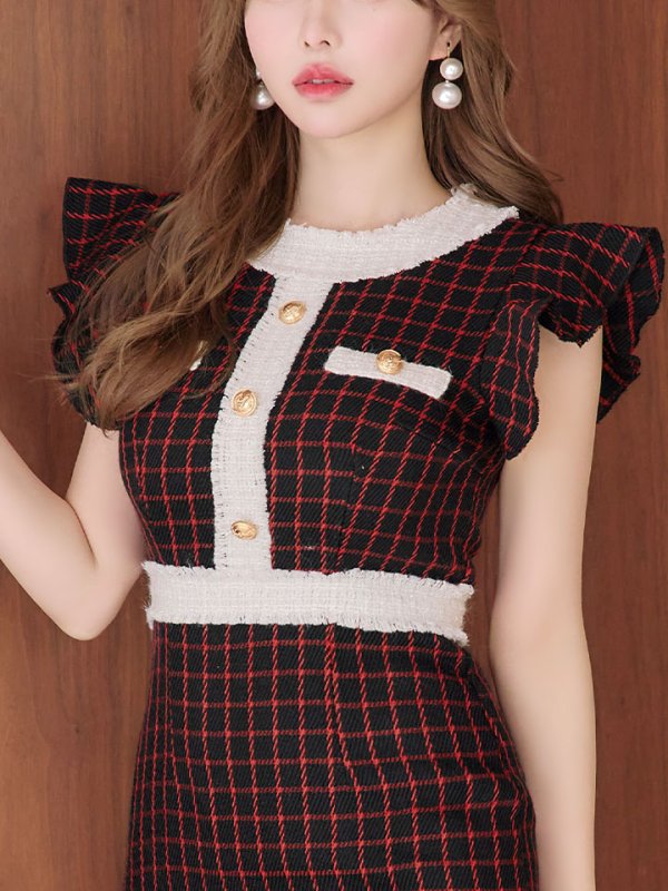 画像8: SALE!フリルショルダーチェックタイトドレス/チェック柄/肩フリル/胸元隠し/背中隠し/ミディアムドレス/キャバドレス【XS-Lサイズ/1カラー】[HC02-X] 【SB】dzw (8)