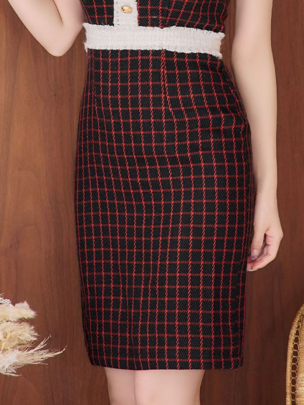 画像9: SALE!フリルショルダーチェックタイトドレス/チェック柄/肩フリル/胸元隠し/背中隠し/ミディアムドレス/キャバドレス【XS-Lサイズ/1カラー】[HC02-X] 【SB】dzw (9)