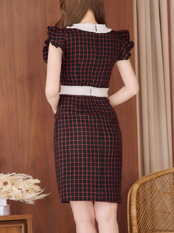 画像10: SALE!フリルショルダーチェックタイトドレス/チェック柄/肩フリル/胸元隠し/背中隠し/ミディアムドレス/キャバドレス【XS-Lサイズ/1カラー】[HC02-X] 【SB】dzw (10)