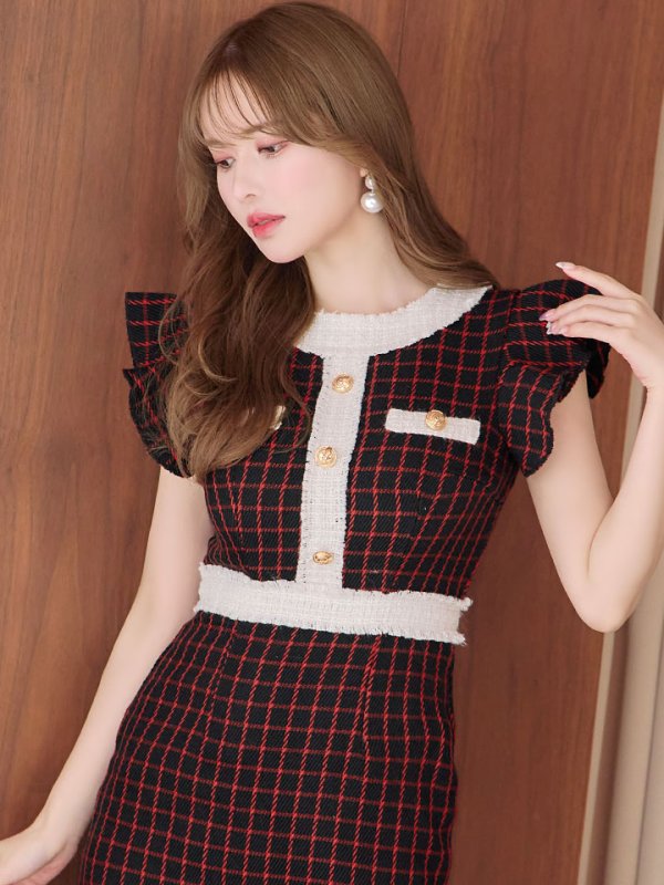 画像15: SALE!フリルショルダーチェックタイトドレス/チェック柄/肩フリル/胸元隠し/背中隠し/ミディアムドレス/キャバドレス【XS-Lサイズ/1カラー】[HC02-X] 【SB】dzw (15)