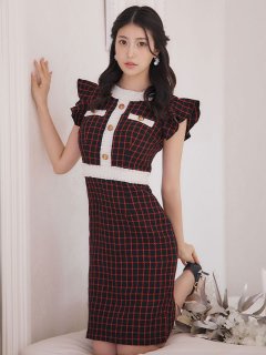 フリルショルダーチェックタイトドレス/キャバドレス