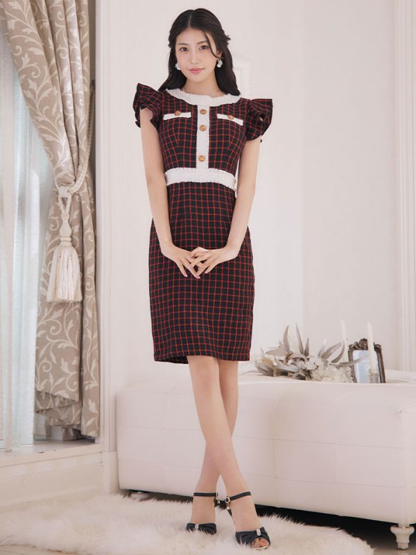 画像4: SALE!フリルショルダーチェックタイトドレス/チェック柄/肩フリル/胸元隠し/背中隠し/ミディアムドレス/キャバドレス【XS-Lサイズ/1カラー】[HC02-X] 【SB】dzw (4)