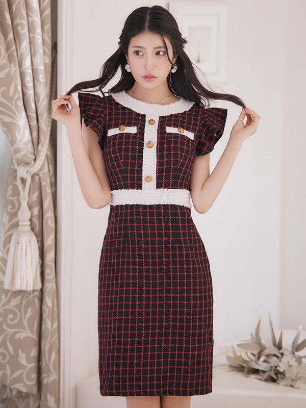 画像5: SALE!フリルショルダーチェックタイトドレス/チェック柄/肩フリル/胸元隠し/背中隠し/ミディアムドレス/キャバドレス【XS-Lサイズ/1カラー】[HC02-X] 【SB】dzw (5)