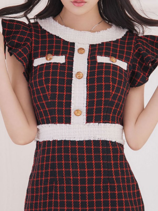 画像6: SALE!フリルショルダーチェックタイトドレス/チェック柄/肩フリル/胸元隠し/背中隠し/ミディアムドレス/キャバドレス【XS-Lサイズ/1カラー】[HC02-X] 【SB】dzw (6)