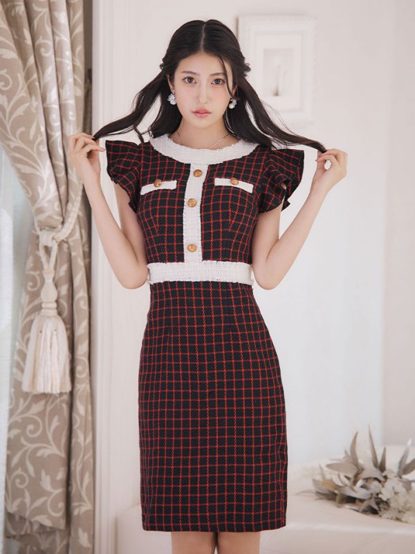 画像10: SALE!フリルショルダーチェックタイトドレス/チェック柄/肩フリル/胸元隠し/背中隠し/ミディアムドレス/キャバドレス【XS-Lサイズ/1カラー】[HC02-X] 【SB】dzw (10)