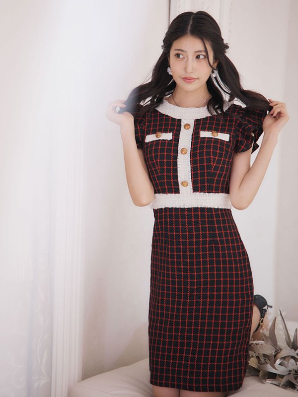 画像12: SALE!フリルショルダーチェックタイトドレス/チェック柄/肩フリル/胸元隠し/背中隠し/ミディアムドレス/キャバドレス【XS-Lサイズ/1カラー】[HC02-X] 【SB】dzw (12)