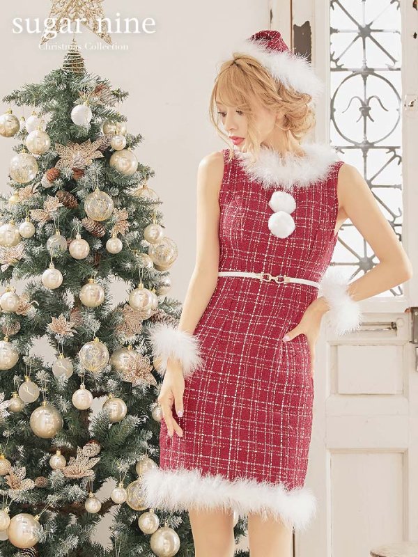 画像2: 【サンタセール！】ミディアム丈/ ツイード/ ワンピースタイトサンタ【sugar nine サンタコス 5点セット】【XS-XLサイズ/3カラー】[YMT] (2)
