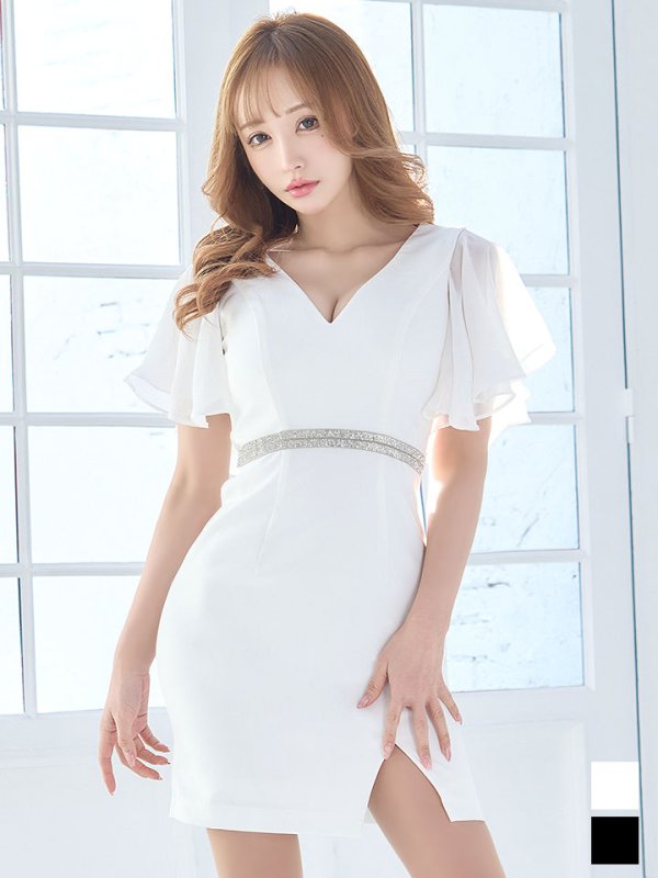 画像1: SALE!フリルスリーブドレス/ビジュー/シアー/透け/谷間見せ/ミニドレス/キャバドレス【S-Lサイズ/2カラー】[OF04] dzw (1)