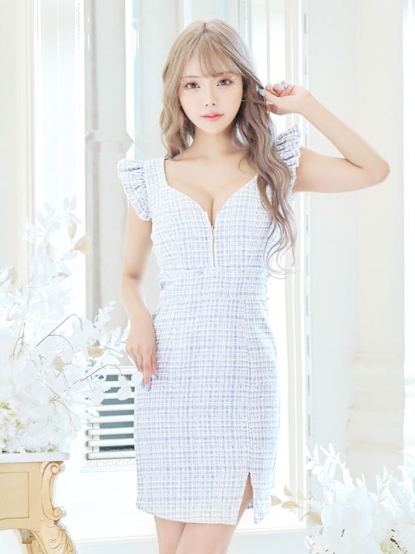 画像4: ツイードドレス/チェック柄/ジップアップ/谷間見せ/ミニドレス/キャバドレス【XS-XLサイズ/1カラー】[HC02-X] 【SB】dzj (4)