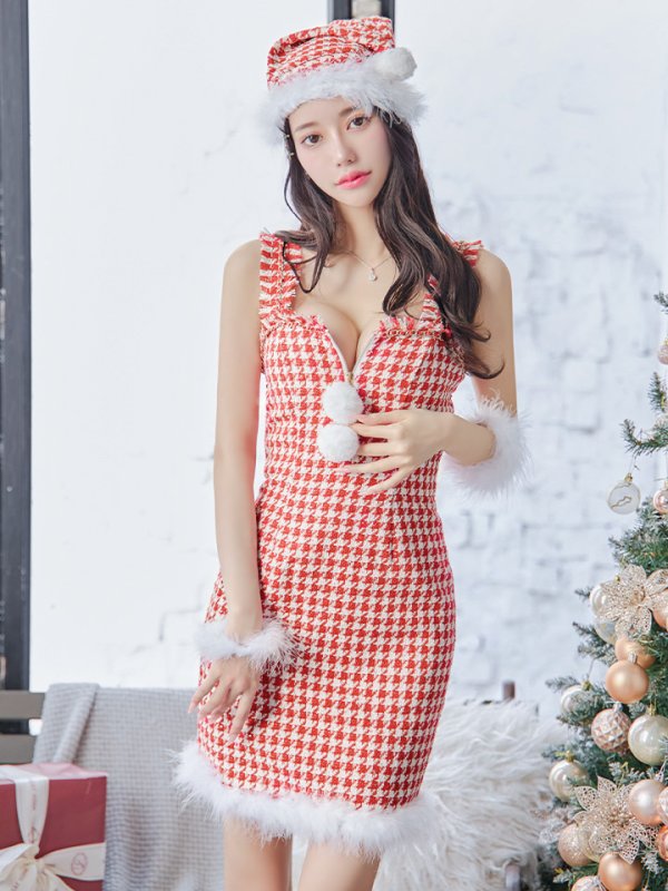 画像21: 【サンタセール！】【サンタコス 4点セット】【XS-XLサイズ/2カラー】チェーンモチーフフロントジップタイトドレスサンタコスプレ[YMT] (21)