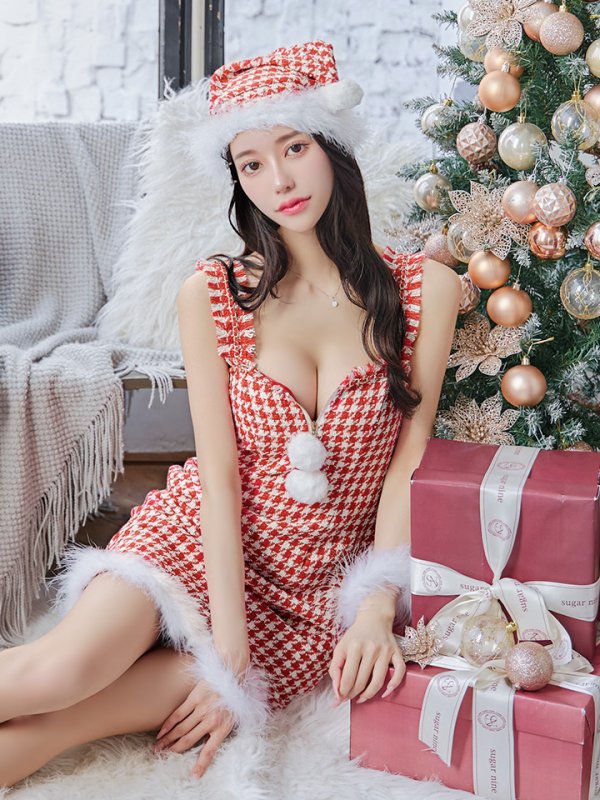 画像8: 【サンタセール！】【サンタコス 4点セット】【XS-XLサイズ/2カラー】チェーンモチーフフロントジップタイトドレスサンタコスプレ[YMT] (8)