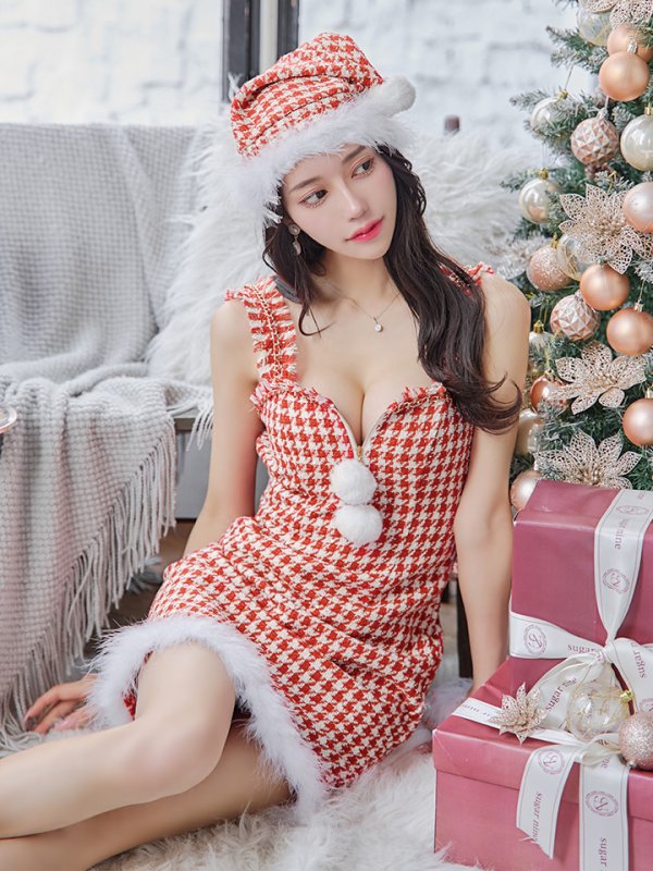 画像14: 【サンタセール！】【サンタコス 4点セット】【XS-XLサイズ/2カラー】チェーンモチーフフロントジップタイトドレスサンタコスプレ[YMT] (14)