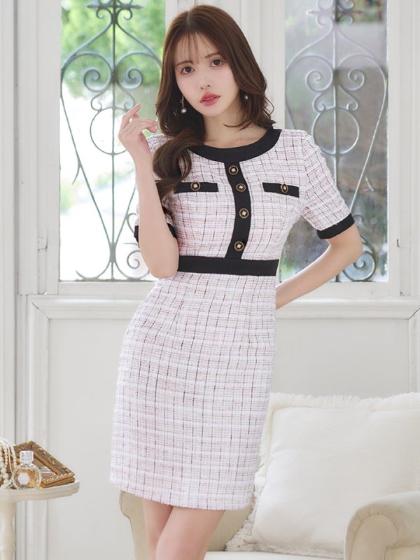 画像4: ミックスツイードミニドレス/ツイード/半袖/胸元隠し/背中隠し/タイト/ボタン/パッド無し/キャバドレス【S-Lサイズ/1カラー】[HC02-X] 【SB】dzj (4)