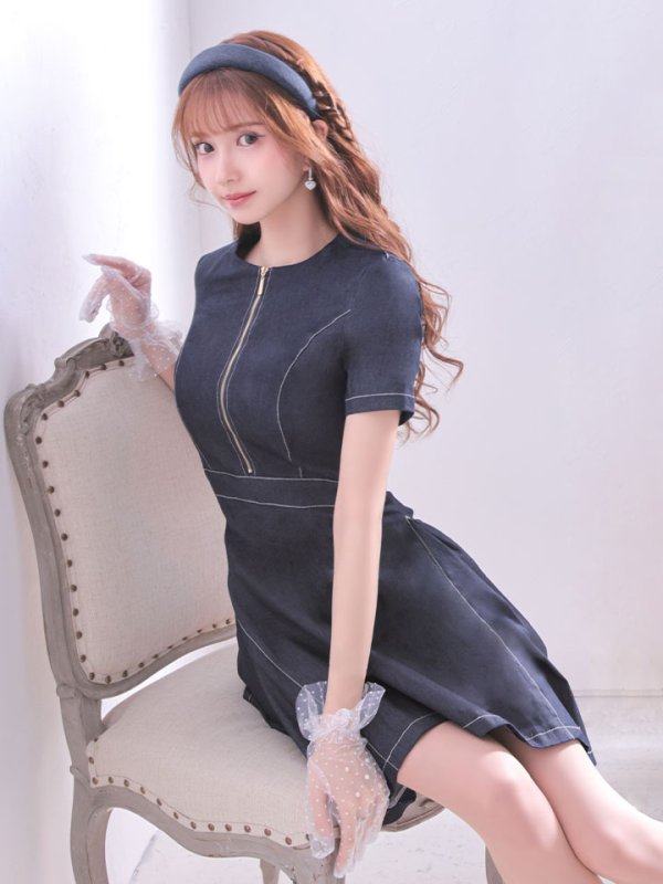 画像2: SALE!デニムフレアワンピース/ワンカラー/ジップアップ/ショートスリーブ/谷間隠し/背中隠し/ワンピース/キャバドレス/ パッド無し【S-Lサイズ/1カラー】[HC02-U]【SB】dzw (2)