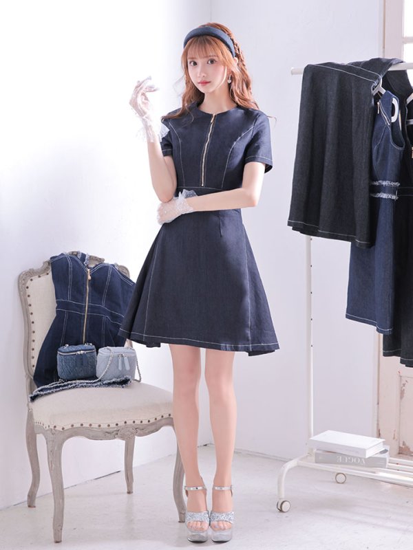 画像9: SALE!デニムフレアワンピース/ワンカラー/ジップアップ/ショートスリーブ/谷間隠し/背中隠し/ワンピース/キャバドレス/ パッド無し【S-Lサイズ/1カラー】[HC02-U]【SB】dzw (9)