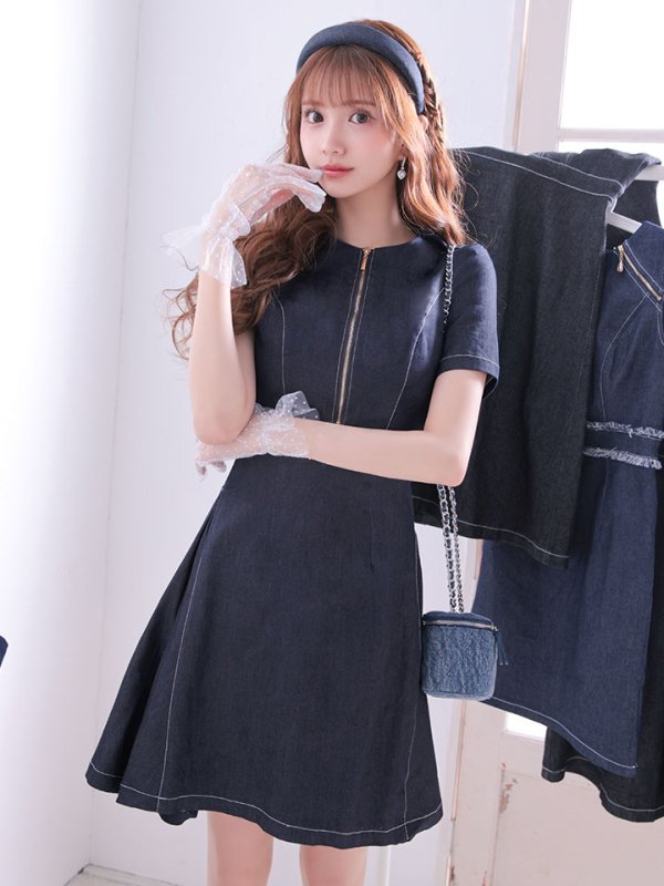 画像10: SALE!デニムフレアワンピース/ワンカラー/ジップアップ/ショートスリーブ/谷間隠し/背中隠し/ワンピース/キャバドレス/ パッド無し【S-Lサイズ/1カラー】[HC02-U]【SB】dzw (10)