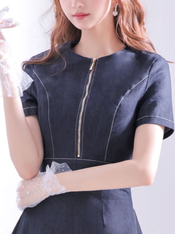 画像11: SALE!デニムフレアワンピース/ワンカラー/ジップアップ/ショートスリーブ/谷間隠し/背中隠し/ワンピース/キャバドレス/ パッド無し【S-Lサイズ/1カラー】[HC02-U]【SB】dzw (11)