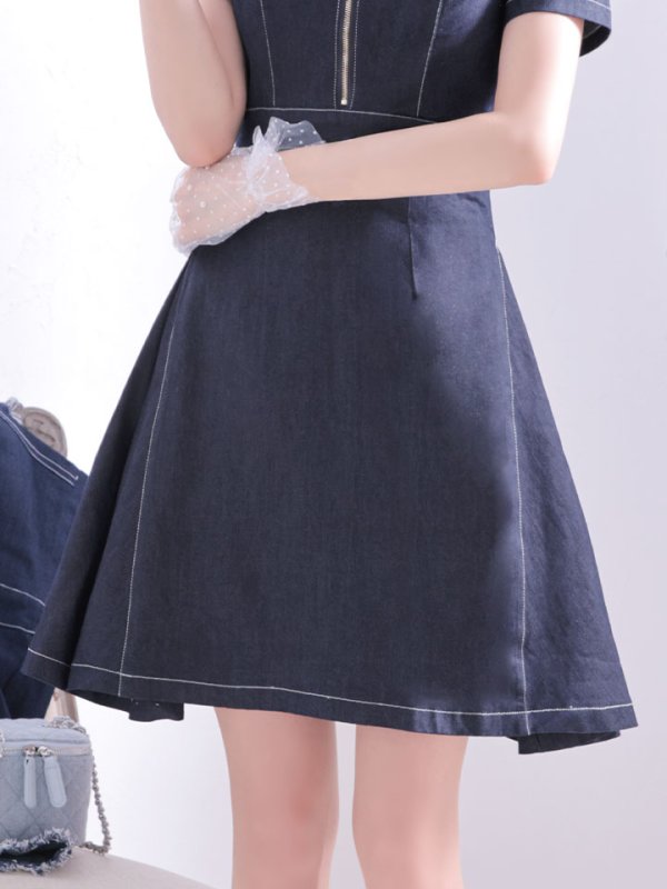 画像12: SALE!デニムフレアワンピース/ワンカラー/ジップアップ/ショートスリーブ/谷間隠し/背中隠し/ワンピース/キャバドレス/ パッド無し【S-Lサイズ/1カラー】[HC02-U]【SB】dzw (12)