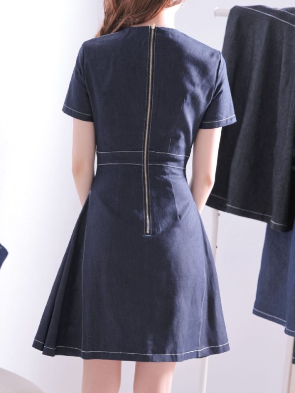 画像13: SALE!デニムフレアワンピース/ワンカラー/ジップアップ/ショートスリーブ/谷間隠し/背中隠し/ワンピース/キャバドレス/ パッド無し【S-Lサイズ/1カラー】[HC02-U]【SB】dzw (13)