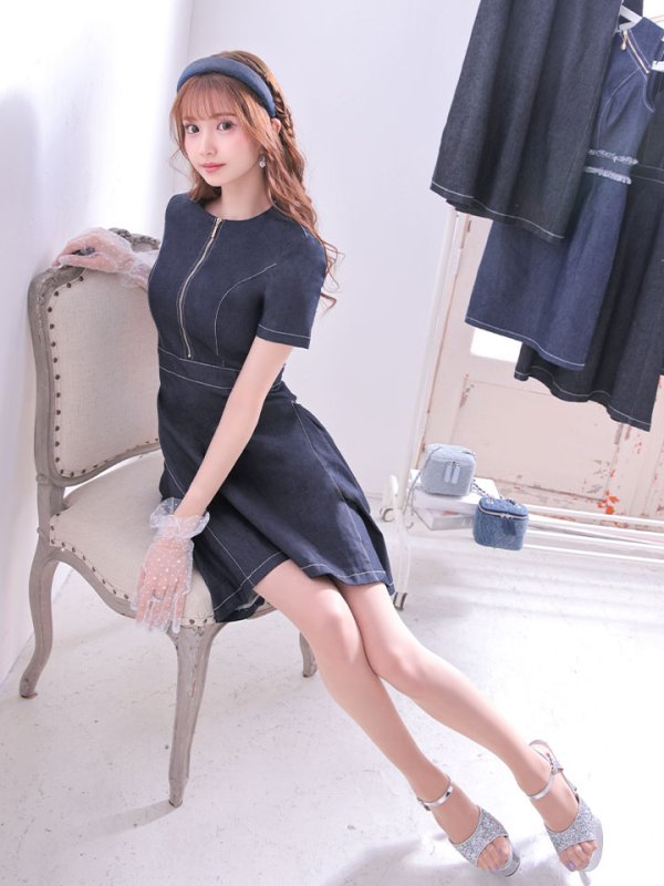 画像8: SALE!デニムフレアワンピース/ワンカラー/ジップアップ/ショートスリーブ/谷間隠し/背中隠し/ワンピース/キャバドレス/ パッド無し【S-Lサイズ/1カラー】[HC02-U]【SB】dzw (8)