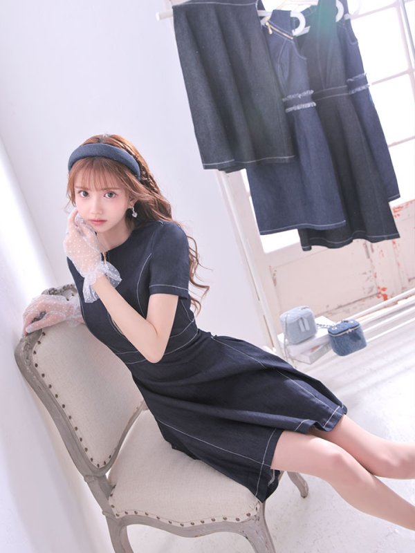 画像5: SALE!デニムフレアワンピース/ワンカラー/ジップアップ/ショートスリーブ/谷間隠し/背中隠し/ワンピース/キャバドレス/ パッド無し【S-Lサイズ/1カラー】[HC02-U]【SB】dzw (5)
