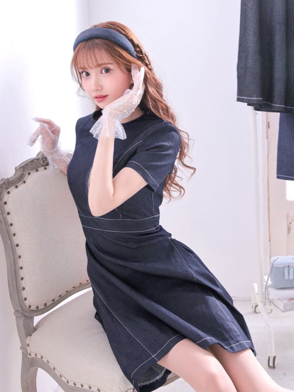 画像4: SALE!デニムフレアワンピース/ワンカラー/ジップアップ/ショートスリーブ/谷間隠し/背中隠し/ワンピース/キャバドレス/ パッド無し【S-Lサイズ/1カラー】[HC02-U]【SB】dzw (4)