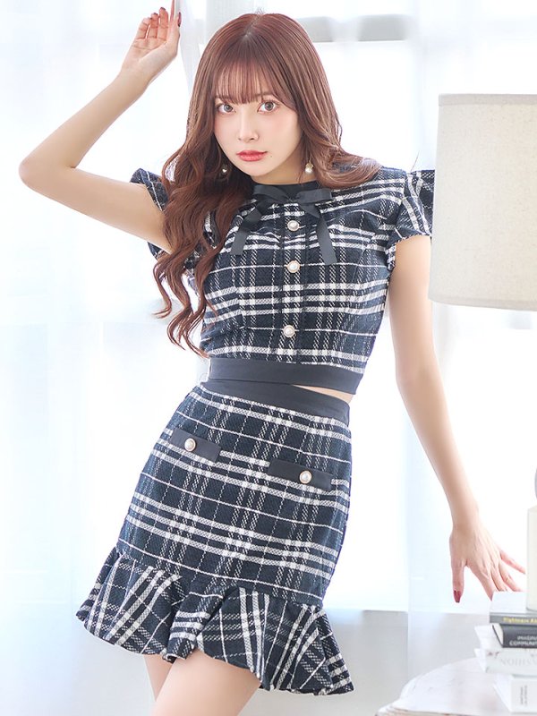 画像4: ツイードチェックドレス/セットアップ/フリル/パールボタン/マーメイドスカート/胸元隠し/背中隠し/ミニドレス/キャバドレス【S-Mサイズ/2カラー】[HC02-X]【SB】dzw (4)