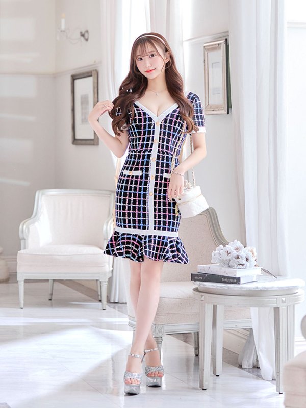 画像15: SALE!チェックワンピースドレス/ツイード/ショートスリーブ/マーメイドスカート/谷間見せ/ミニドレス/キャバドレス/パッド無し【S-Lサイズ/2カラー】[HC02-X] 【SB】dzw (15)
