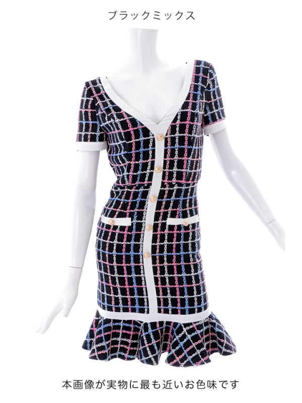 画像17: SALE!チェックワンピースドレス/ツイード/ショートスリーブ/マーメイドスカート/谷間見せ/ミニドレス/キャバドレス/パッド無し【S-Lサイズ/2カラー】[HC02-X] 【SB】dzw (17)