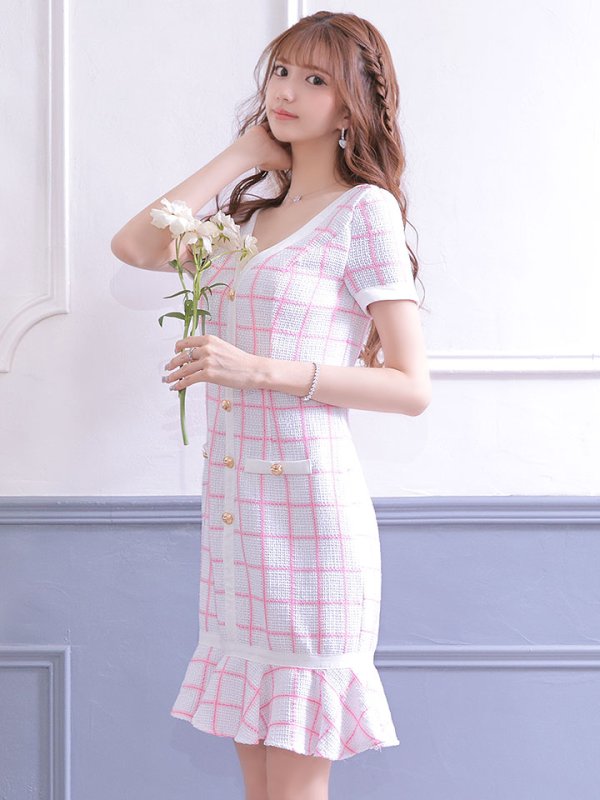 画像2: SALE!チェックワンピースドレス/ツイード/ショートスリーブ/マーメイドスカート/谷間見せ/ミニドレス/キャバドレス/パッド無し【S-Lサイズ/2カラー】[HC02-X] 【SB】dzw (2)