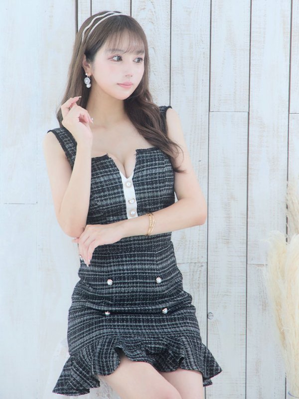 画像17: SALE!マーメイドツイードドレス/2ピース/セットアップ/チェック柄/パールボタン/谷間見せ/背中見せ/ミニドレス/キャバドレス【XS-Mサイズ/2カラー】[HC02-X] 【SB】dzw (17)