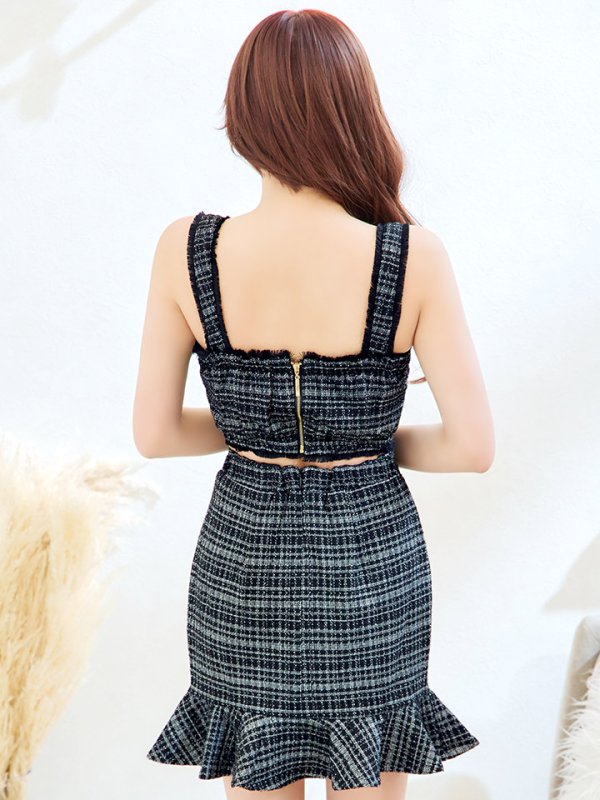 画像8: SALE!マーメイドツイードドレス/2ピース/セットアップ/チェック柄/パールボタン/谷間見せ/背中見せ/ミニドレス/キャバドレス【XS-Mサイズ/2カラー】[HC02-X] 【SB】dzw (8)