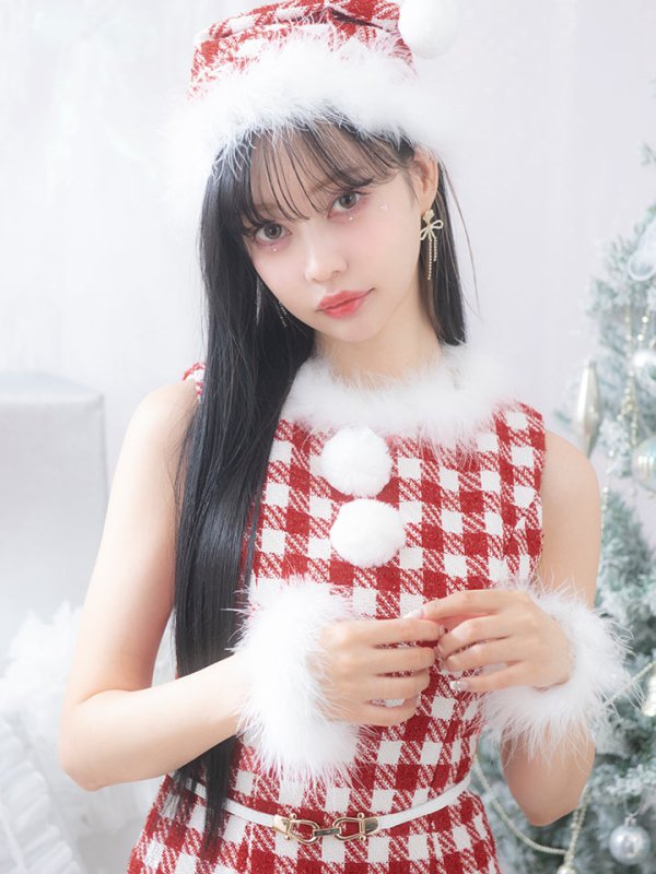 画像5: 【サンタコス 5点セット】【XS-XLサイズ/2カラー】ギンガムチェックタイトワンピースサンタコスプレ[YMT] (5)