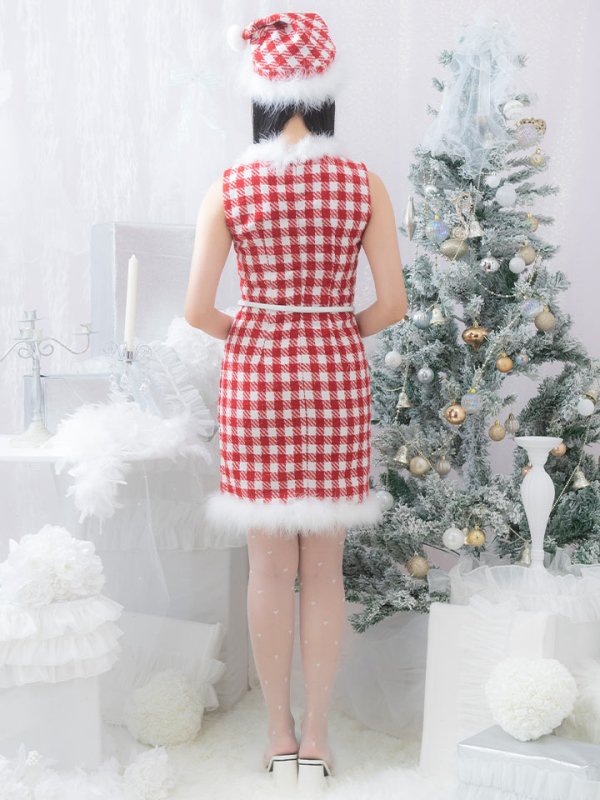 画像6: 【サンタコス 5点セット】【XS-XLサイズ/2カラー】ギンガムチェックタイトワンピースサンタコスプレ[YMT] (6)