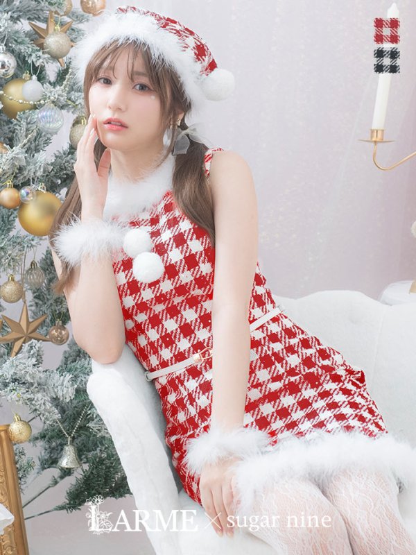 画像2: 【サンタコス 5点セット】【XS-XLサイズ/2カラー】ギンガムチェック タイトワンピースサンタコスプレ[YMT] (2)