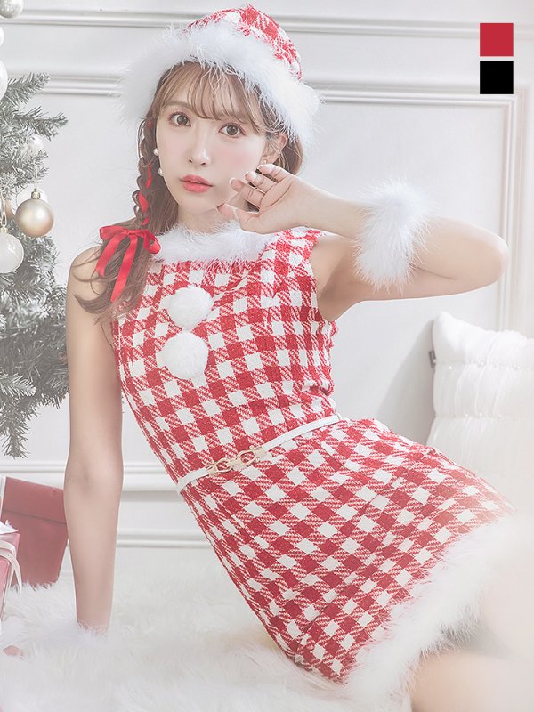 画像3: 【サンタコス 5点セット】【XS-XLサイズ/2カラー】ギンガムチェック タイトワンピースサンタコスプレ[YMT] (3)
